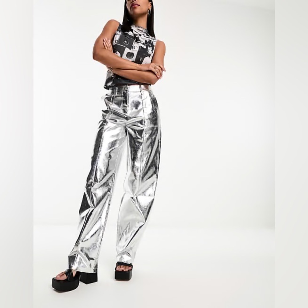 NWT 4th & Reckless Wide Leg Faux Leather Zelda Metallic Trouser Silver Pants XS